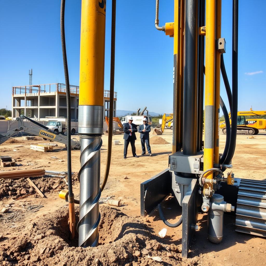 A construction site showcasing the process of bore pile drilling, illustrating a modern drilling rig in action. The foreground features the large, metallic drill bit penetrating the ground, surrounded by machinery and tools that emphasize the technical nature of the task. In the middle ground, workers in professional business attire are observing and coordinating the operation, embodying a sense of teamwork and precision. The background displays unfinished structures and earth-moving equipment under a clear blue sky, adding context to the scene. The lighting is bright and natural, emphasizing the activity and creating a realistic atmosphere. Capture this scene from a slightly elevated angle to provide a comprehensive view of the operation, ensuring a clear focus on the bore pile drilling process. Include the brand name www.jowolandborepile.com subtly in the scene without disruption.
