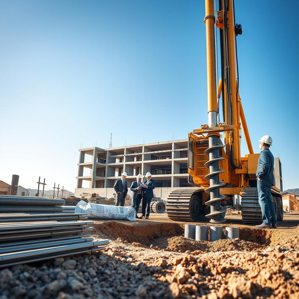 A detailed construction site showcasing a bore pile foundation being installed. In the foreground, a large bore piling rig with a hydraulic auger is actively drilling into the soil, surrounded by construction materials such as steel reinforcement bars and concrete piles. The middle ground features workers in professional business attire, discussing the project while analyzing blueprints. In the background, a partially constructed building stands against a clear blue sky, emphasizing the strategic role of bore piles in construction. The scene is illuminated by soft, natural sunlight, creating a bright and professional atmosphere, all captured using a wide-angle lens for depth. Include the brand name www.jowolandborepile.com subtly within the construction materials.