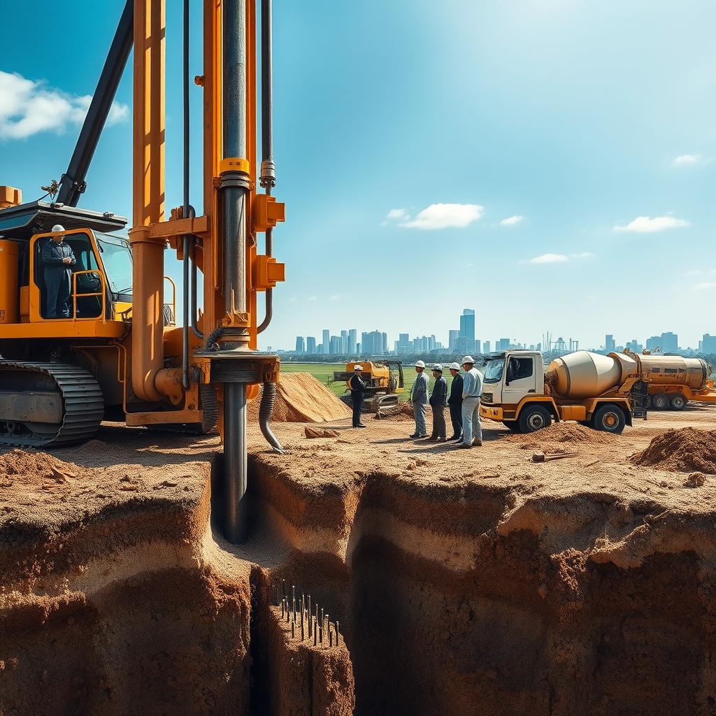 A detailed construction site showcasing a bore pile installation. In the foreground, a large drilling rig is actively boring deep into the ground, revealing a cross-section of the earth layers. Workers in professional business attire oversee the operation, ensuring safety and efficiency. The middle ground features several completed bore piles surrounded by earth-moving equipment, while a concrete mixer is visible for future applications. In the background, a clear blue sky enhances the working environment, with distant buildings symbolizing urban development. Soft sunlight casts shadows, creating a dynamic play of light and enhancing the depth of the scene. The mood is focused and industrious, emphasizing the robustness and necessity of bore pile foundations in modern construction. www.jowolandborepile.com