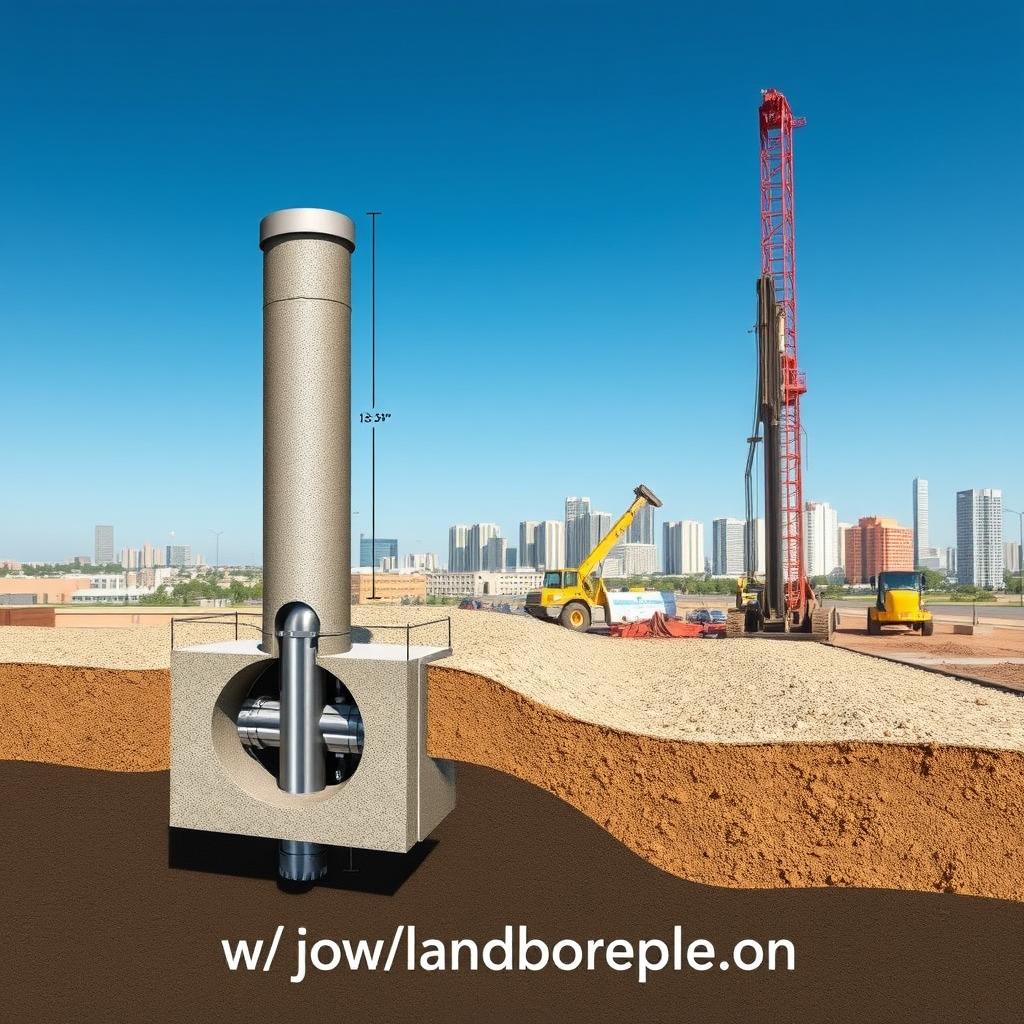 A detailed technical illustration of a bore pile foundation, showcasing its specifications and dimensions. In the foreground, visualize a cutaway view of a bore pile, revealing internal reinforcements and concrete layers. The middle ground features a construction site with specialized machinery, such as a drilling rig and a pile driver, in the process of installing bore piles. The background includes a cityscape under a clear blue sky, emphasizing the urban application of bore pile foundations. Use natural lighting to highlight the textures of the concrete and steel, and capture the scene from a slightly elevated angle to provide depth. The overall atmosphere should be professional and informative, suitable for educational purposes. Include the brand name www.jowolandborepile.com subtly integrated into the design, maintaining the focus on the technical aspects.